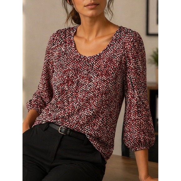 Liz Claiborne Tops - Liz Claiborne Womens Blouse Burgundy Large Print Top Career Office Abstract